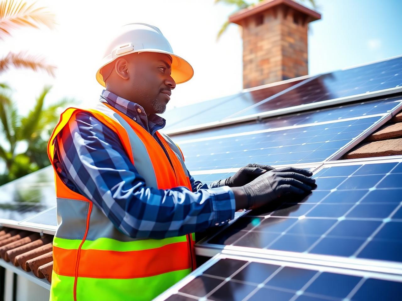 Engineer installing solar panels on a residential roof